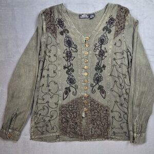 Whimsigoth Fairy Green Floral Embroidered/Beaded Bohemian Cottage Core Blouse